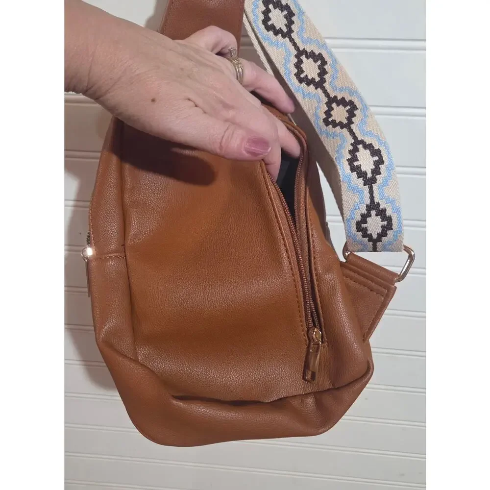 Brown Faux Leather Western Aztec Crossbody Bag Chest Pack Strap